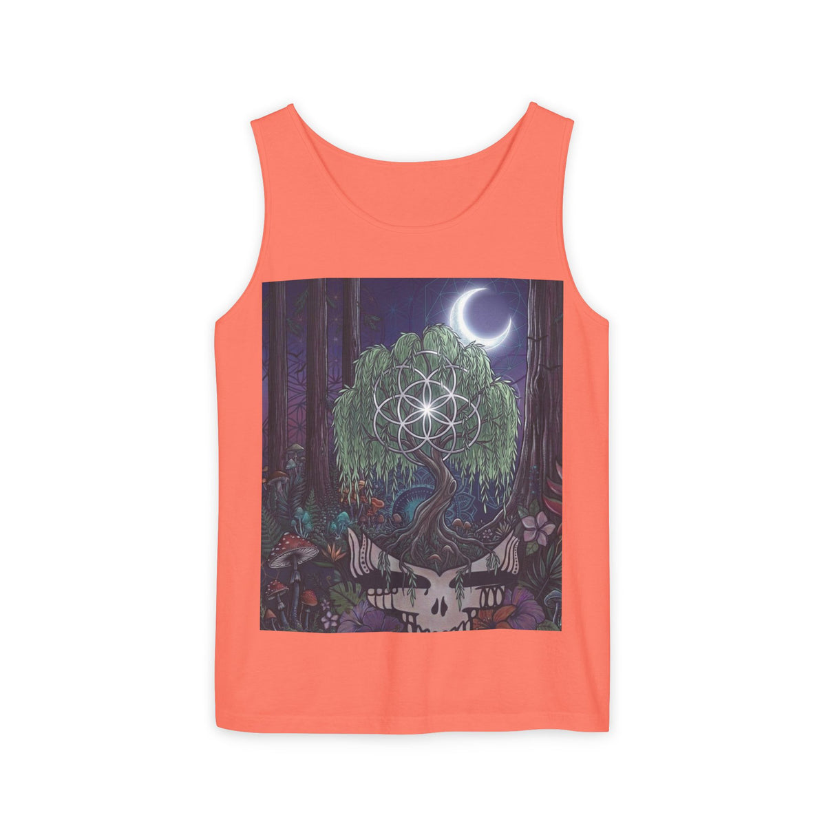 Mystical Moonlit Forest Tree Tank Top | Crescent Moon, Geometric Flower of Life