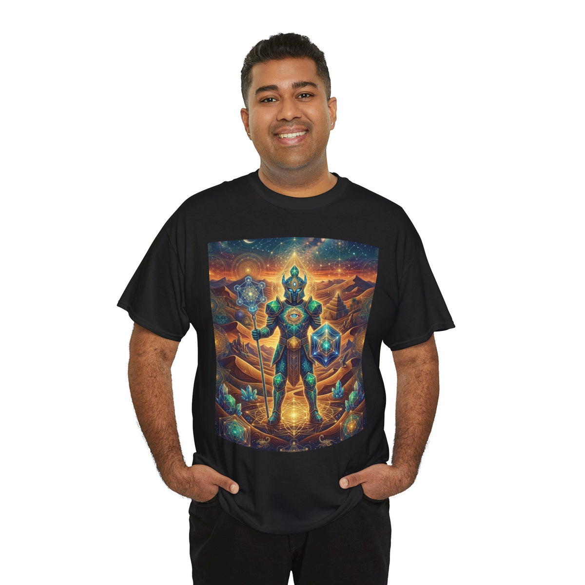 Cosmic Guardian Warrior T-Shirt | Mystic Geometric Armor, Starglow Artwork